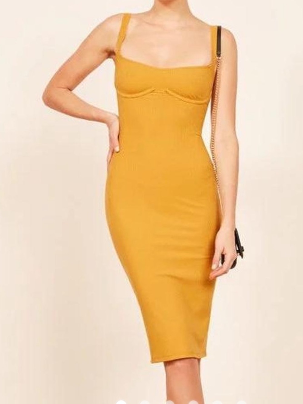 Reformation Dress Womens XS Yellow Ribbed Midi Bodycon Cutout Back Knit